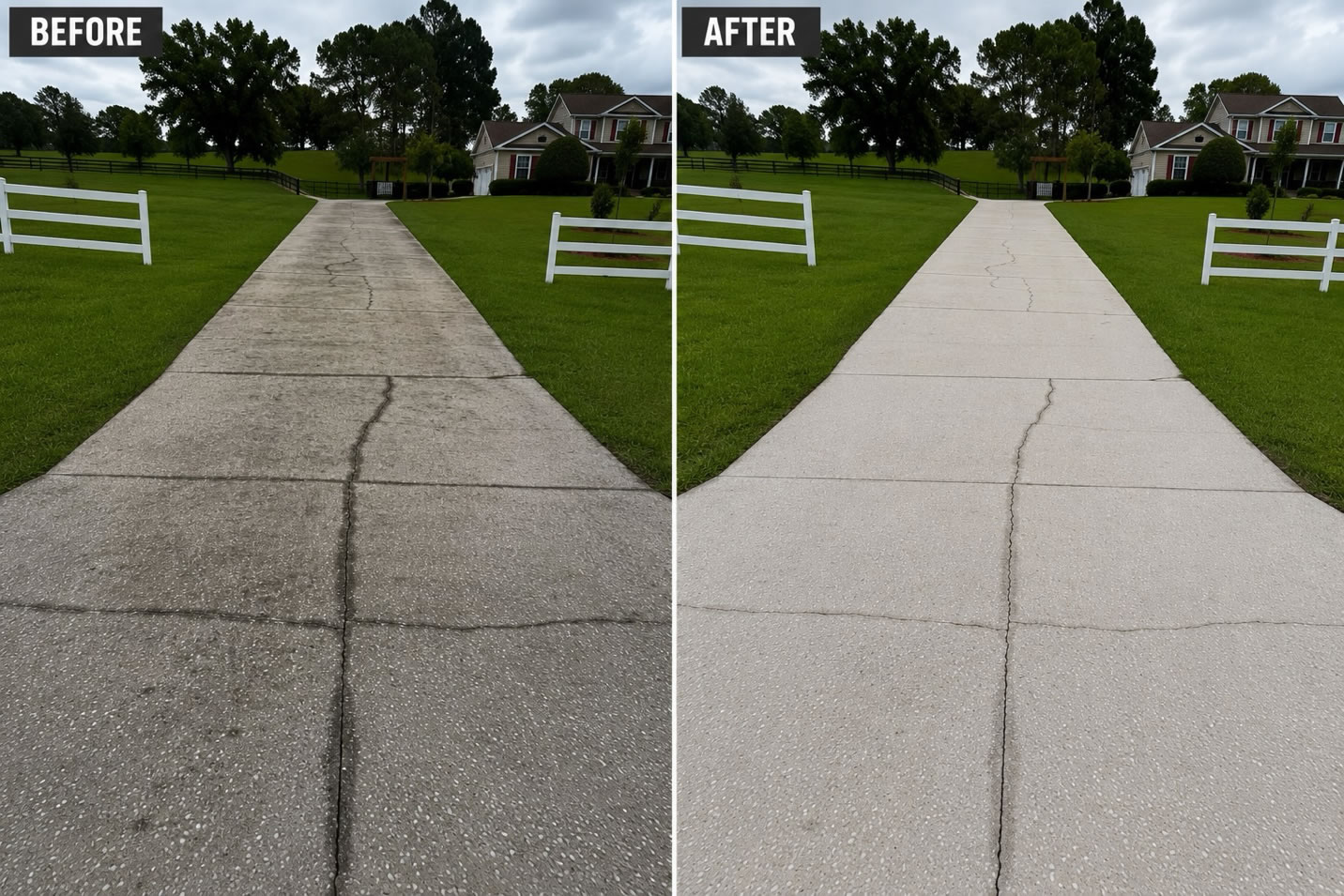 Concrete driveway professionally pressure washed in Minneola, Florida, removing years of algae, mildew, dirt, and organic buildup while restoring the home's curb appeal.